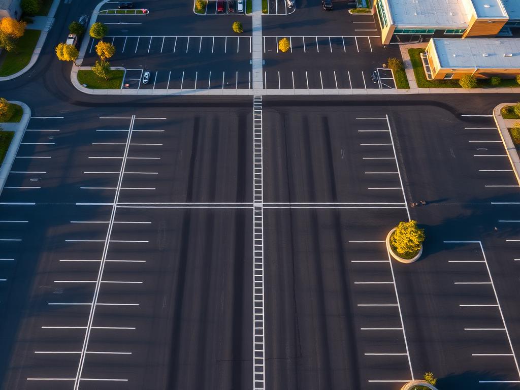 Aerial view of a striped commercial parking lot