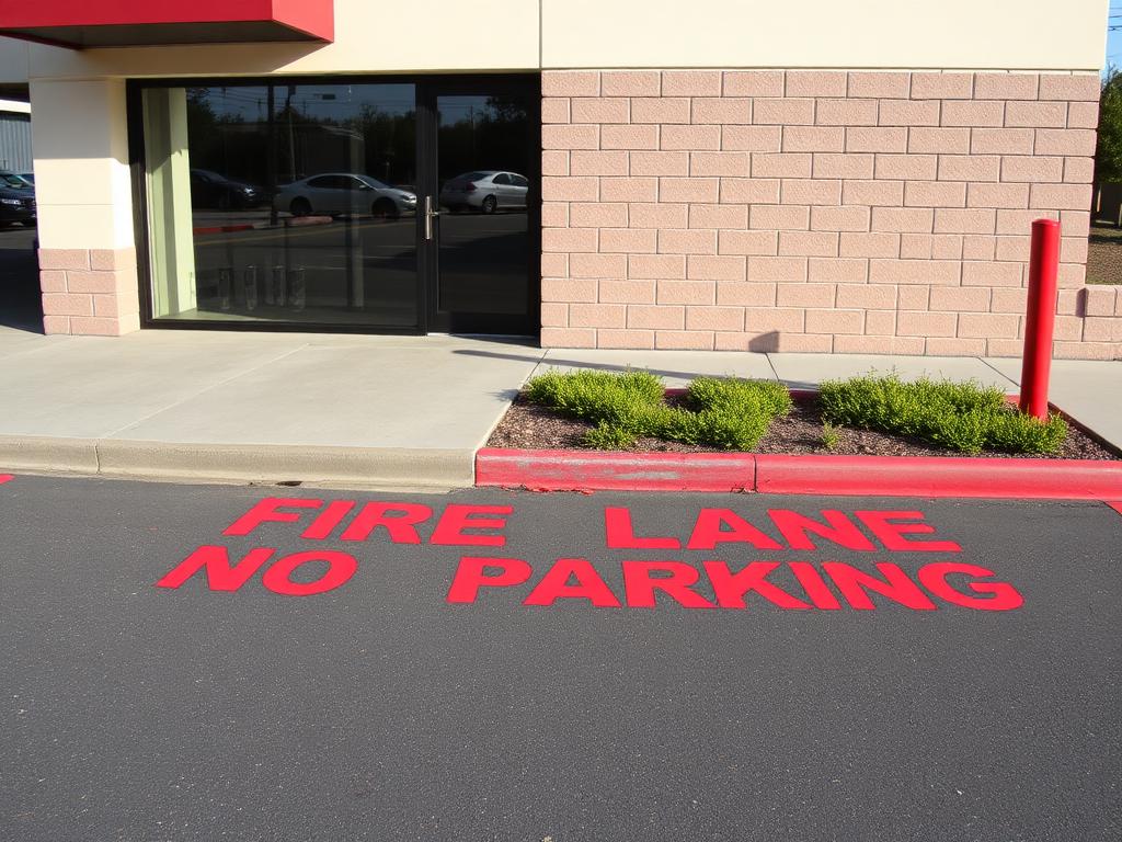 Red fire lane no parking pavement lettering and curb
